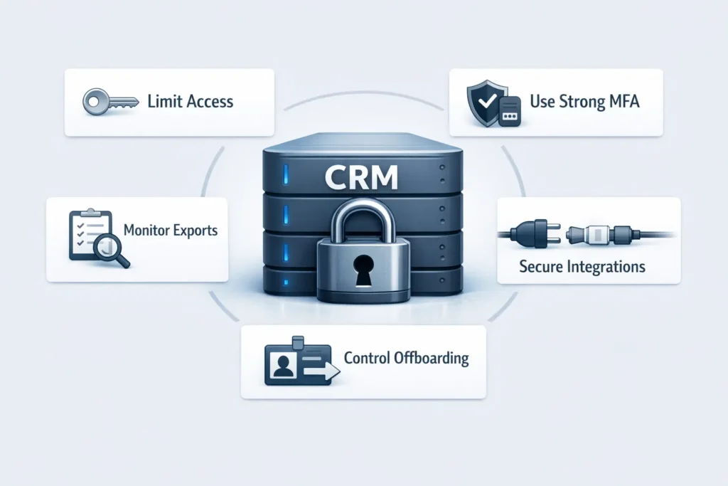 Infographic showing essential CRM security and customer data protection best practices.