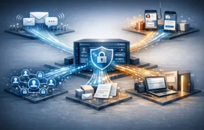 Illustration showing a secure CRM system at the centre with customer data flowing to different platforms and users, highlighting how emails, messages, and records can be accessed or exposed through weak controls and poor access management.