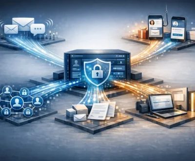 Illustration showing a secure CRM system at the centre with customer data flowing to different platforms and users, highlighting how emails, messages, and records can be accessed or exposed through weak controls and poor access management.