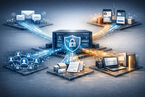 Illustration showing a secure CRM system at the centre with customer data flowing to different platforms and users, highlighting how emails, messages, and records can be accessed or exposed through weak controls and poor access management.