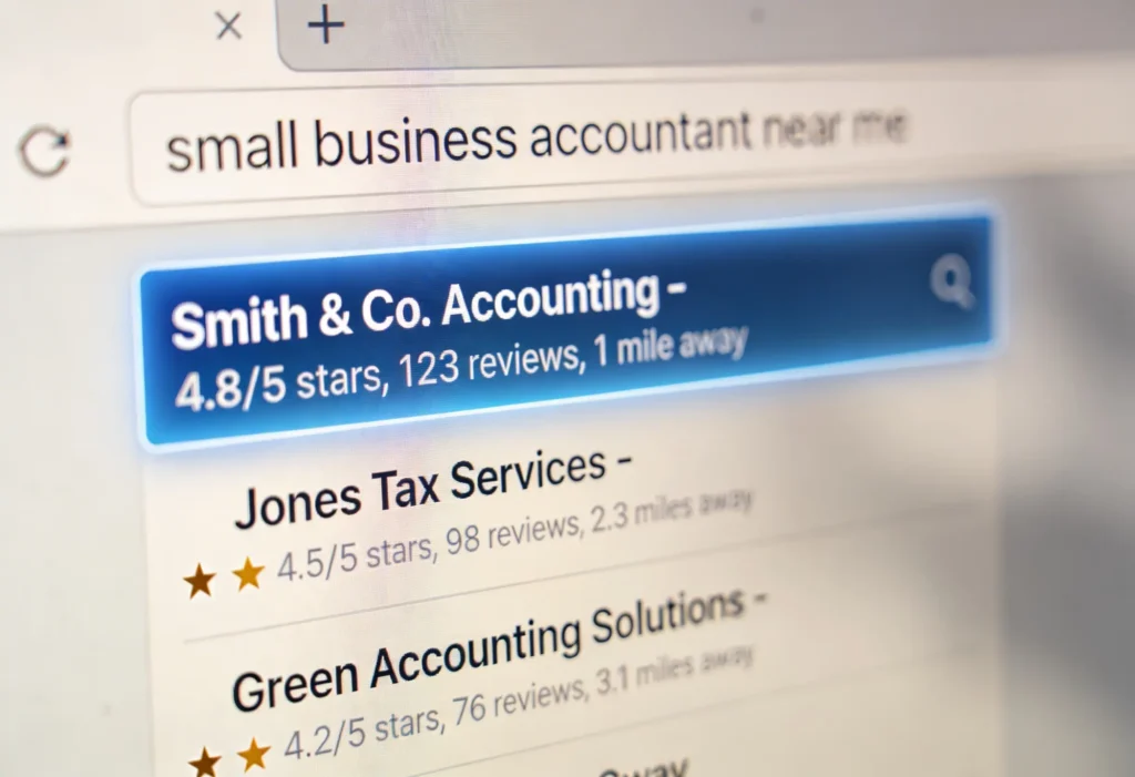 Close-up of search results for “small business accountant near me” highlighting a top-rated accounting firm listing with reviews and star rating, symbolising local search visibility and intent-driven enquiries.