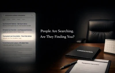 Illustration of high-intent SEO lead generation showing accountant search result converting into signed contract and new client onboarding.