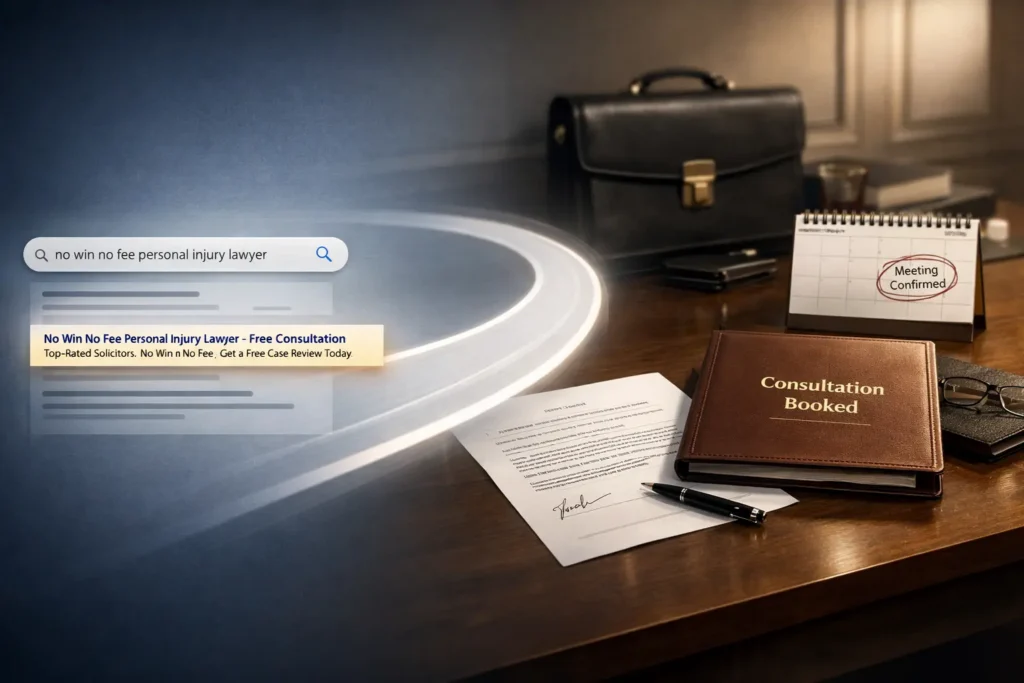 Illustration of a Google search for “no win no fee personal injury lawyer” flowing into a law office desk with a signed document and a folder marked “Consultation Booked,” representing high-intent search converting into a confirmed legal client.